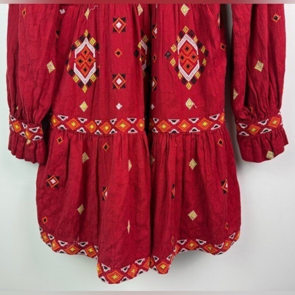 ANTHROPOLOGIE Niamh Red Multi Embroidered Mini Dress Tunic Boho Aztec Chic Sz XS - Picture 10 of 14